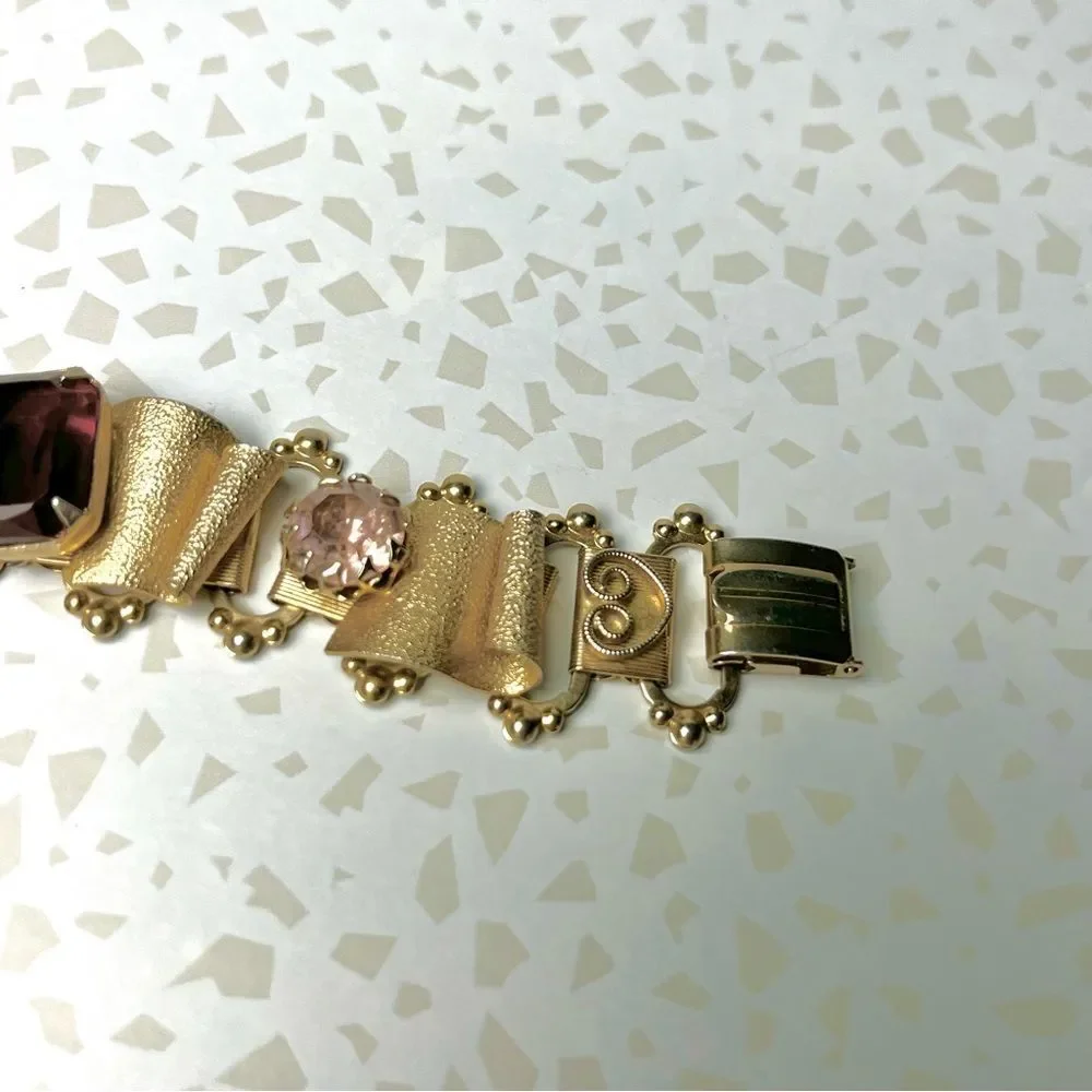 Vintage Victorian Style Book Chain Bracelet with Purple Rhinestones